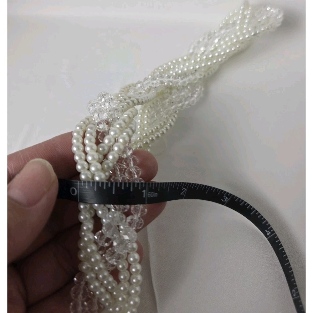 Vintage Faux Pearl and Crystal Multi Strand Twisted Torsade Necklace White 20" - Picture 4 of 4